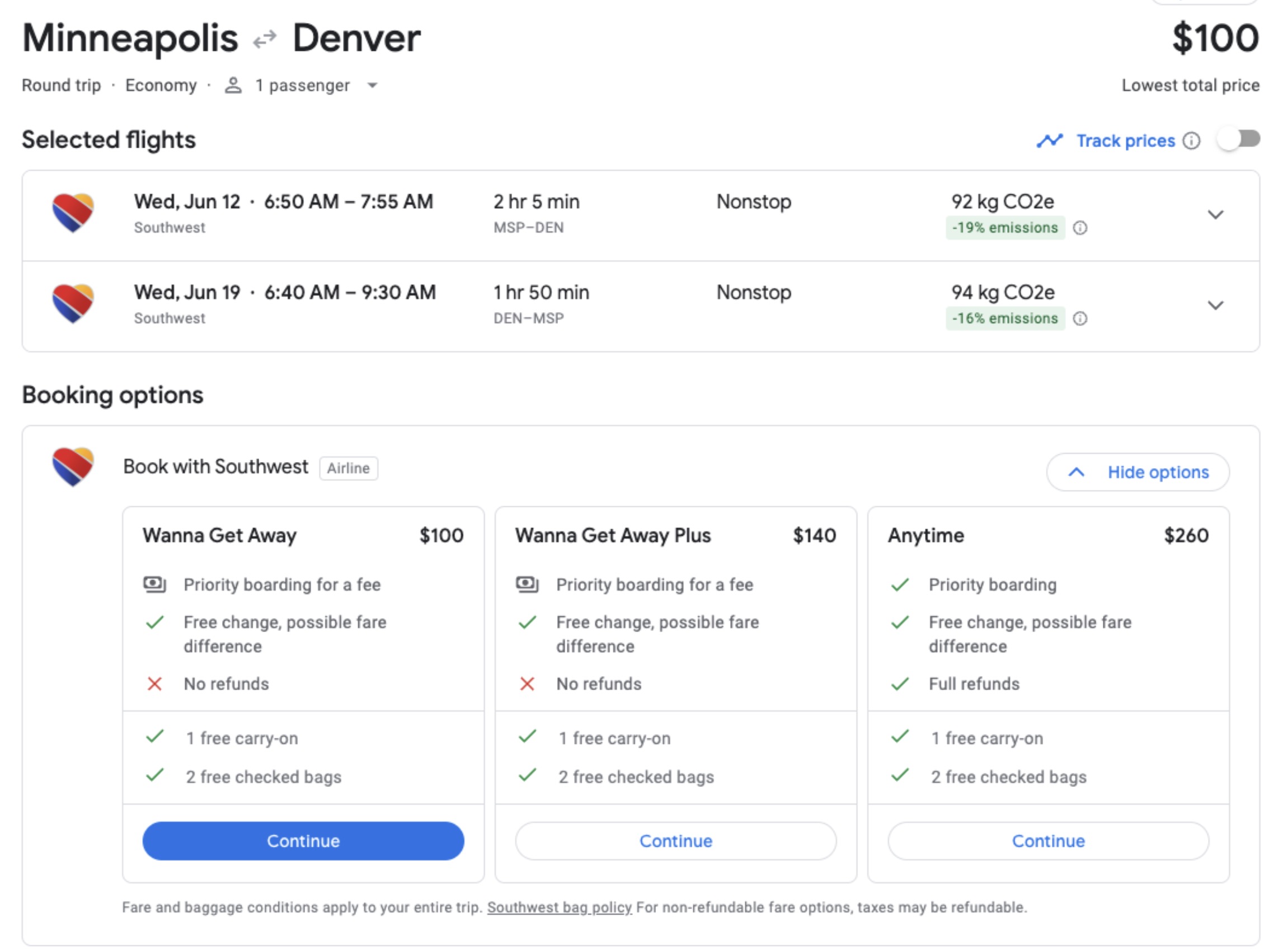 Southwest on Google Flights
